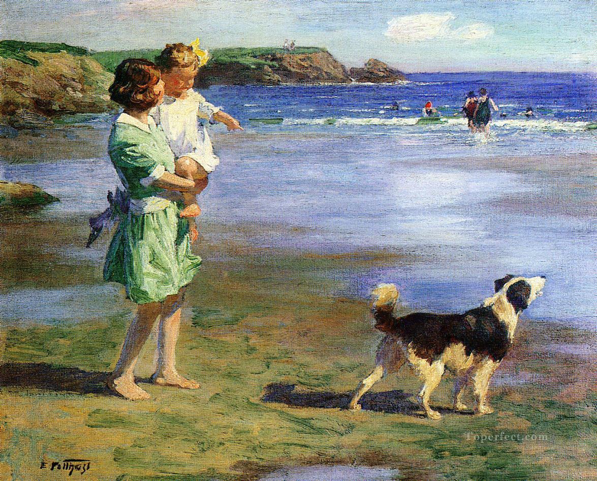 Edward Henry Potthast mother and girl with dog on seaside pet kids Oil Paintings